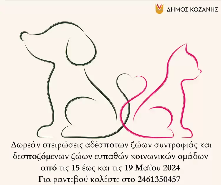 Δήμος Κοζάνης: Δωρεάν στειρώσεις αδέσποτων ζώων συντροφιάς και δεσποζόμενων ζώων Δήμος Κοζάνης: Δωρεάν στειρώσεις αδέσποτων ζώων συντροφιάς και δεσποζόμενων ζώων