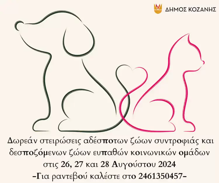 Δήμος Κοζάνης: Δωρεάν στειρώσεις αδέσποτων ζώων συντροφιάς και δεσποζόμενων ζώων ευπαθών κοινωνικών ομάδων