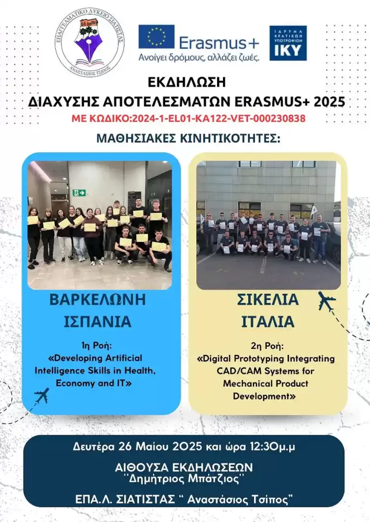 Σιάτιστα: Εκδήλωση διάχυσης των αποτελεσμάτων του Ευρωπαϊκού Προγράμματος Erasmus+ την Δευτέρα 26 Μαΐου