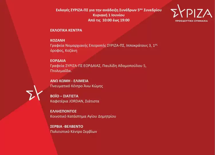 Την Κυριακή 1 Ιουνίου θα διεξαχθούν στην ΠΕ Κοζάνης οι εκλογές για την ανάδειξη συνέδρων του 5ου Συνεδρίου του ΣΥΡΙΖΑ ΠΣ.