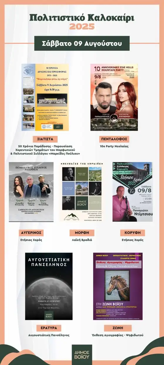 Πολιτιστικό καλοκαίρι 2025: Δήμος Βοΐου - Οι εκδηλώσεις του διημέρου 9 -10 Αυγούστου Πολιτιστικό καλοκαίρι 2025: Δήμος Βοΐου – Οι εκδηλώσεις του διημέρου 9 10 Αυγούστου
